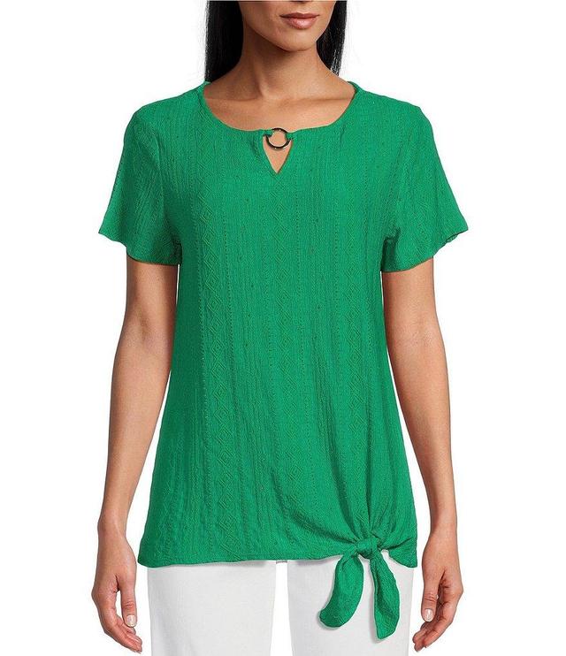 Allison Daley Short Sleeve Keyhole Neck Diamond Eyelet Side Tie Front Knit Top Product Image