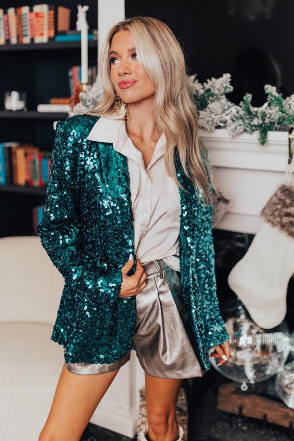 Party Zone Two Tone Sequin Blazer in Teal Product Image