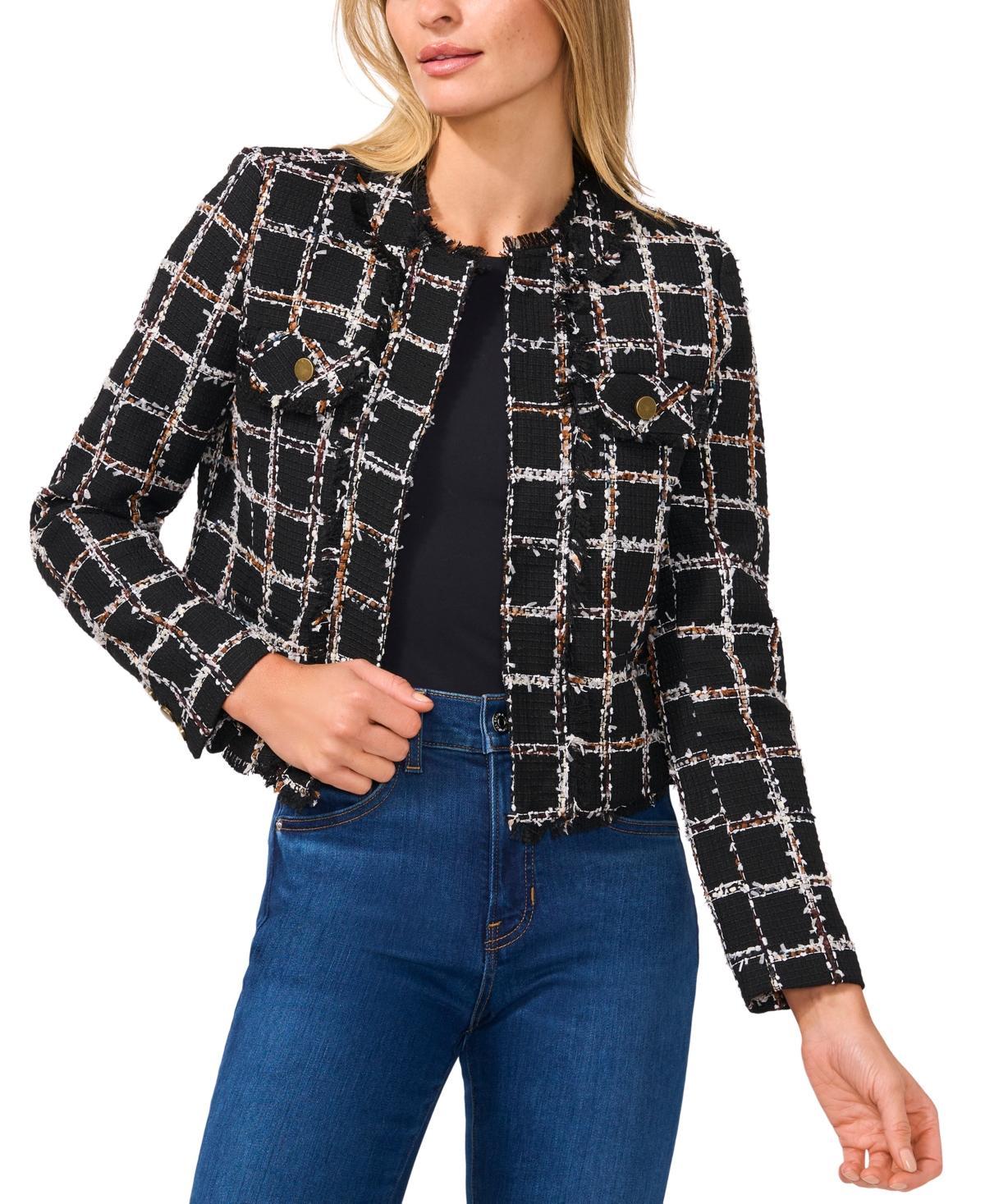 CeCe Womens Tweed Fringe-Trim Open-Front Jacket Product Image