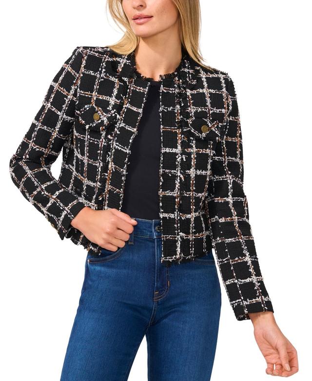 CeCe Womens Tweed Fringe-Trim Open-Front Jacket Product Image