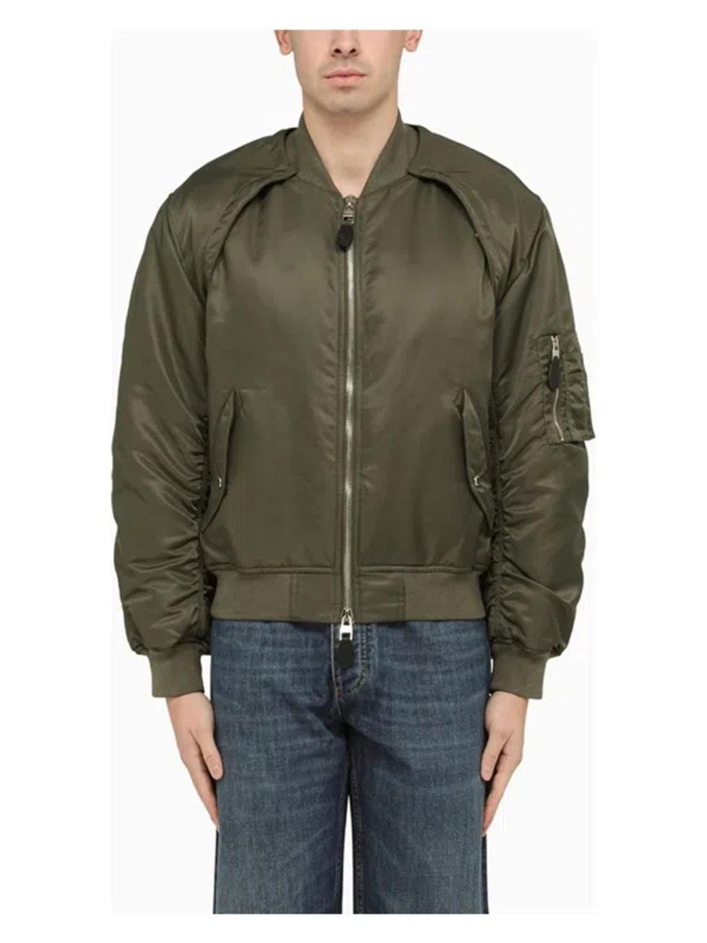 Men's Convertible Khaki Nylon Bomber Jacket In Green Product Image