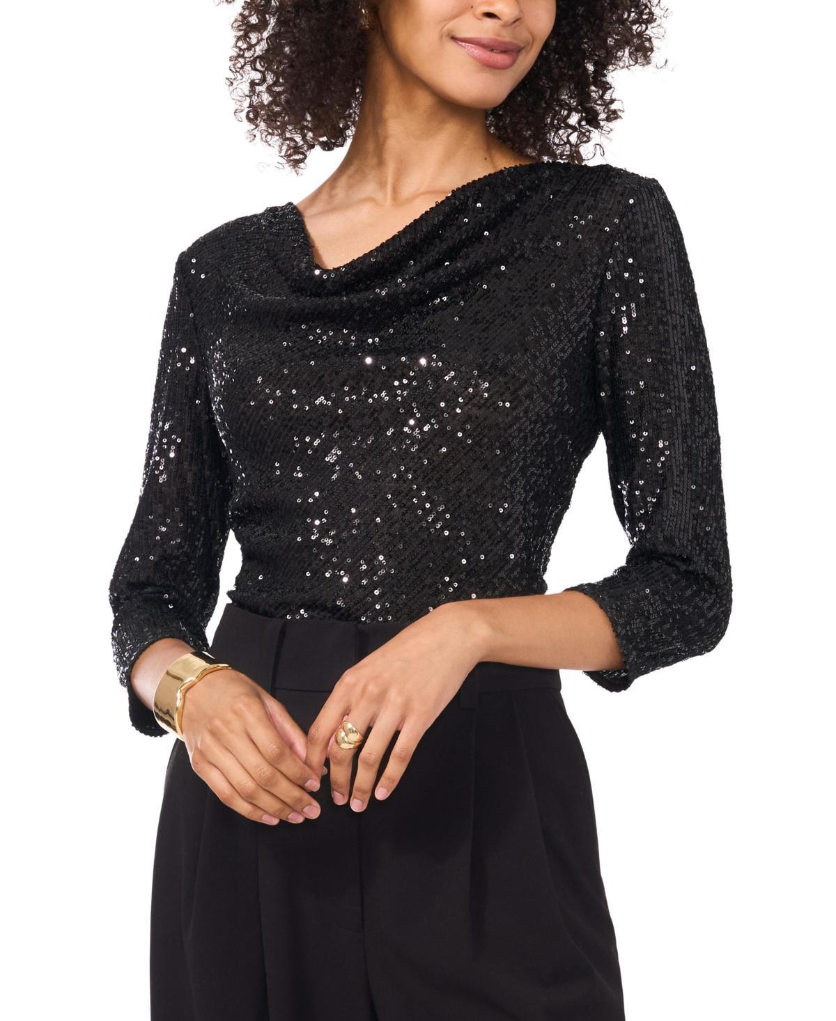 Vince Camuto Womens Sequined Cowlneck 3/4-Sleeve Top Product Image