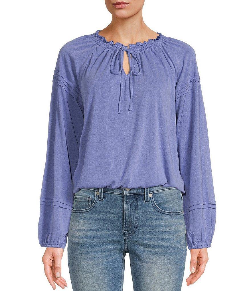 Lucky Brand Sandwash Split V-Neck Long Sleeve Elastic Hem Blouson Top Product Image