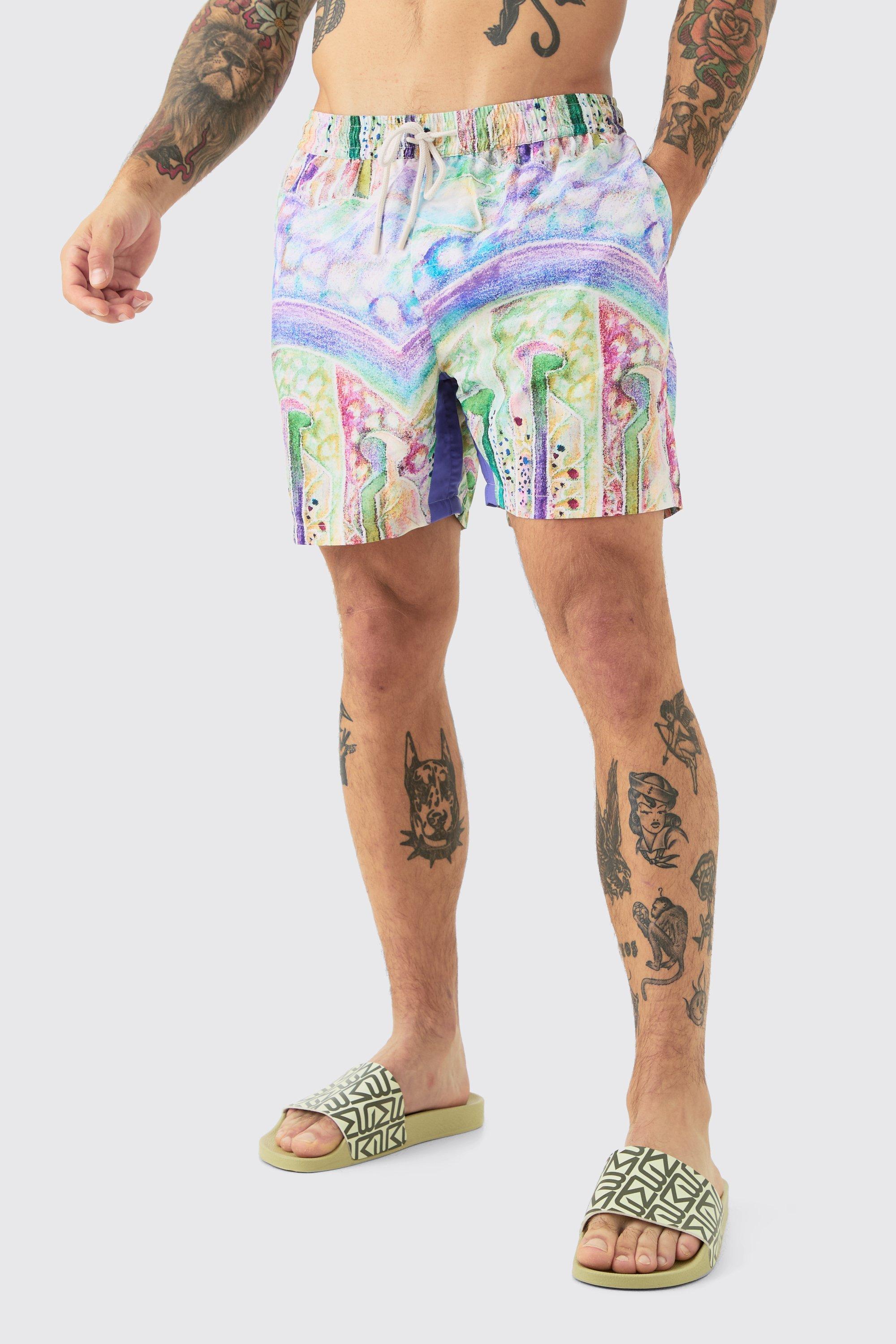 Mid Length Abstract Print Gusset Swim Trunks | boohooMAN USA Product Image