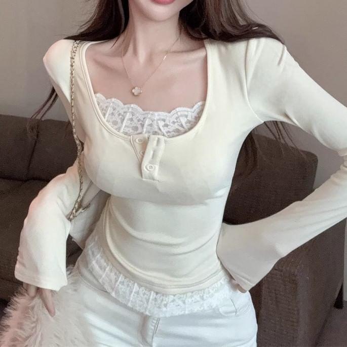 Long-Sleeve Square Neck Mock Two-Piece Lace Panel Slim Fit Crop T-Shirt Product Image