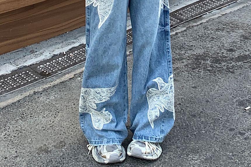 Mid Waist Embroidered Washed Wide Leg Jeans Product Image