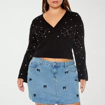 Forever 21 Juniors Plus Rhinestone Cropped Womens V Neck Long Sleeve Pullover Sweater Product Image