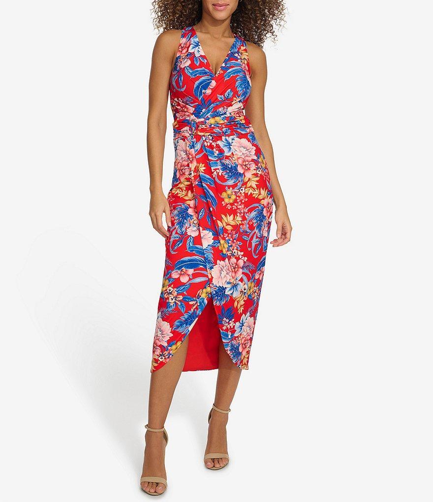 SIENA Floral Print V-Neck Sleeveless Wrap Tulip Hem Open Back Midi Dress product image