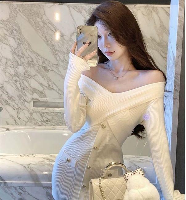 Long-Sleeve V-Neck Button-Up Plain Knit Mini Bodycon Dress Product Image