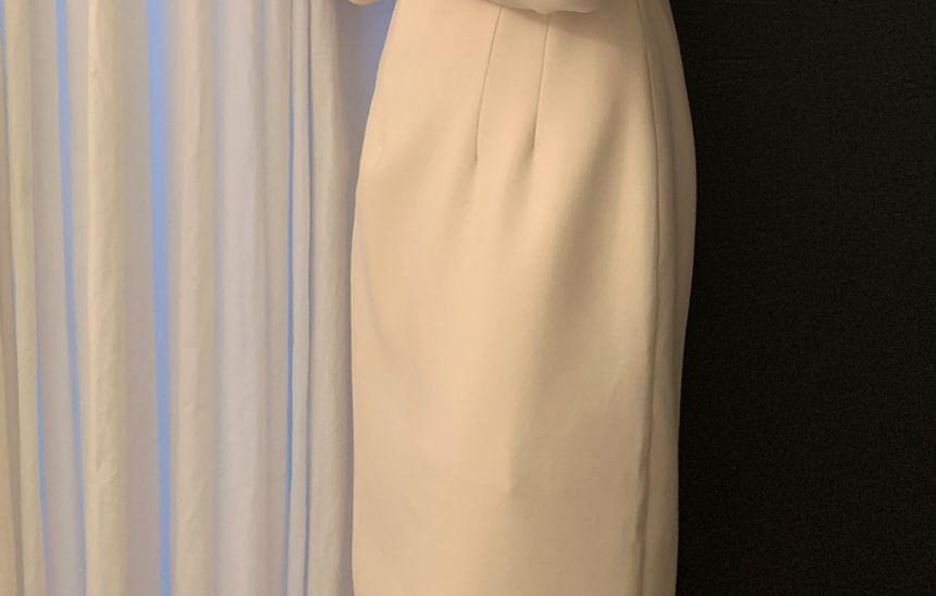 Long-Sleeve Round Neck Plain Slit Midi Sheath Dress Product Image