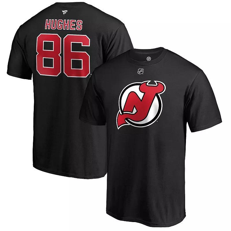 Men's Fanatics Branded Jack Hughes Black New Jersey Devils Authentic Stack Name & Number T-Shirt Product Image