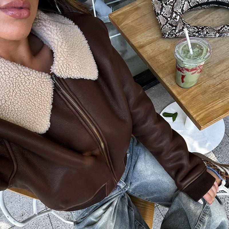 Long Sleeve Furry Collar Faux Leather Zip-Up Jacket Product Image