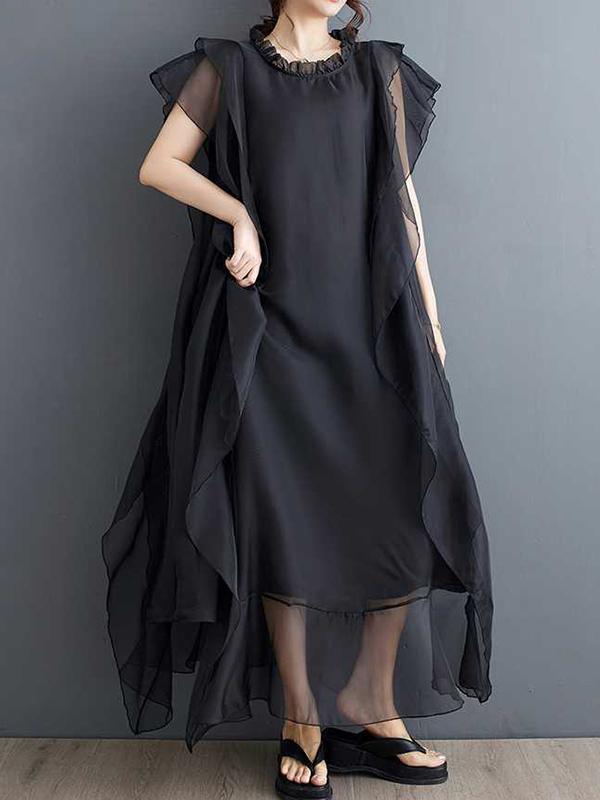 Loose Ruffle Sleeves Falbala Ruffled Solid Color Round-neck Midi Dresses Product Image