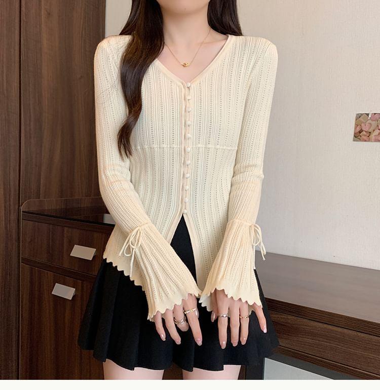 Long-Sleeve V-Neck Plain Pointelle Button Knit Top Product Image