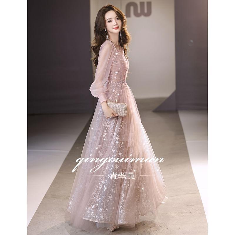 Long-Sleeve V-Neck Sequin Mesh A-Line Evening Gown Product Image