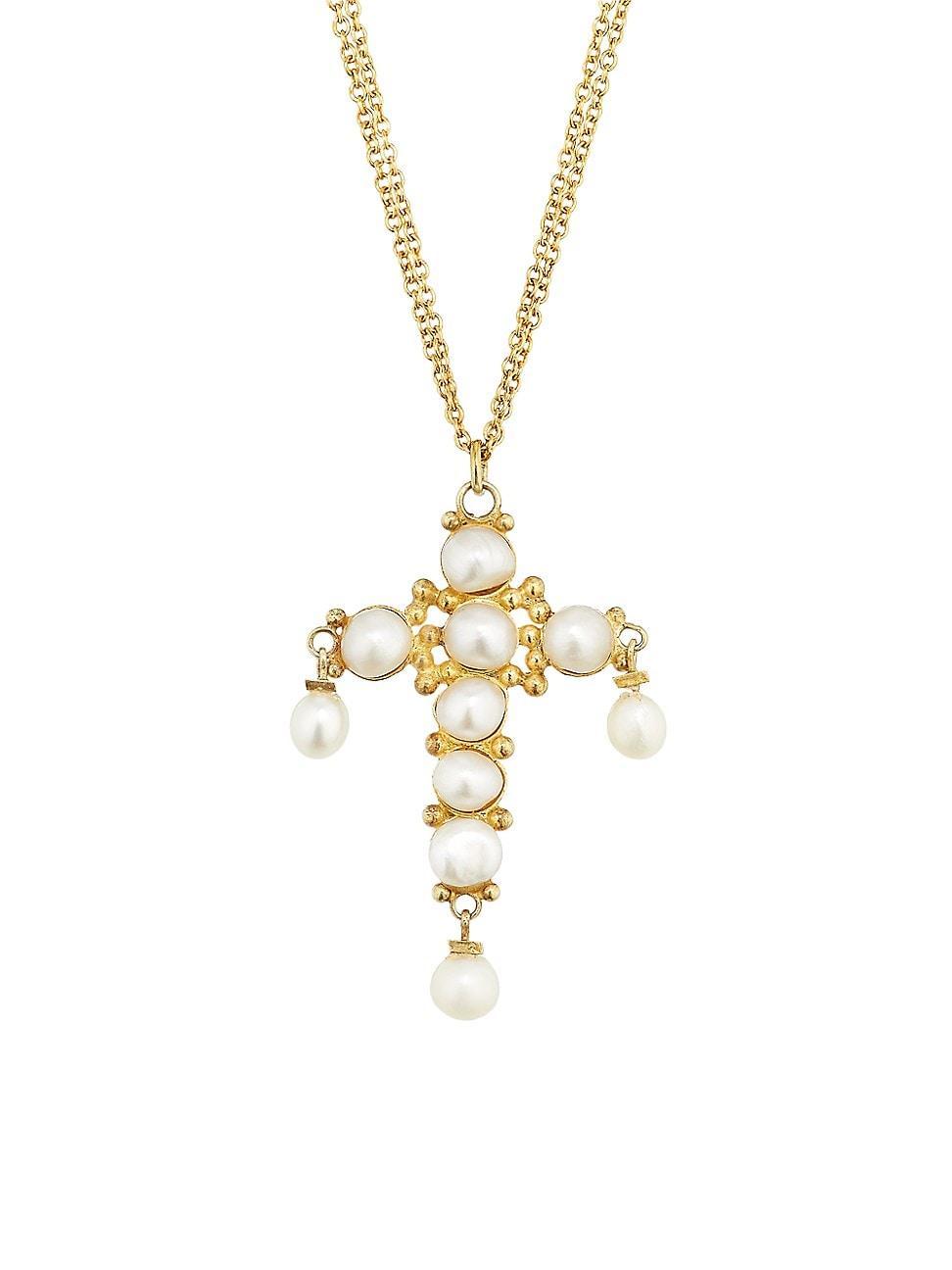 Womens 18K Yellow Gold & Natural Pearl Cross Pendant Necklace Product Image