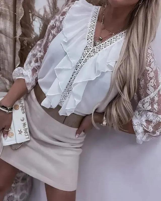 Olivia Mark – Contrast Lace Ruffle Hem Long Sleeve Top Product Image