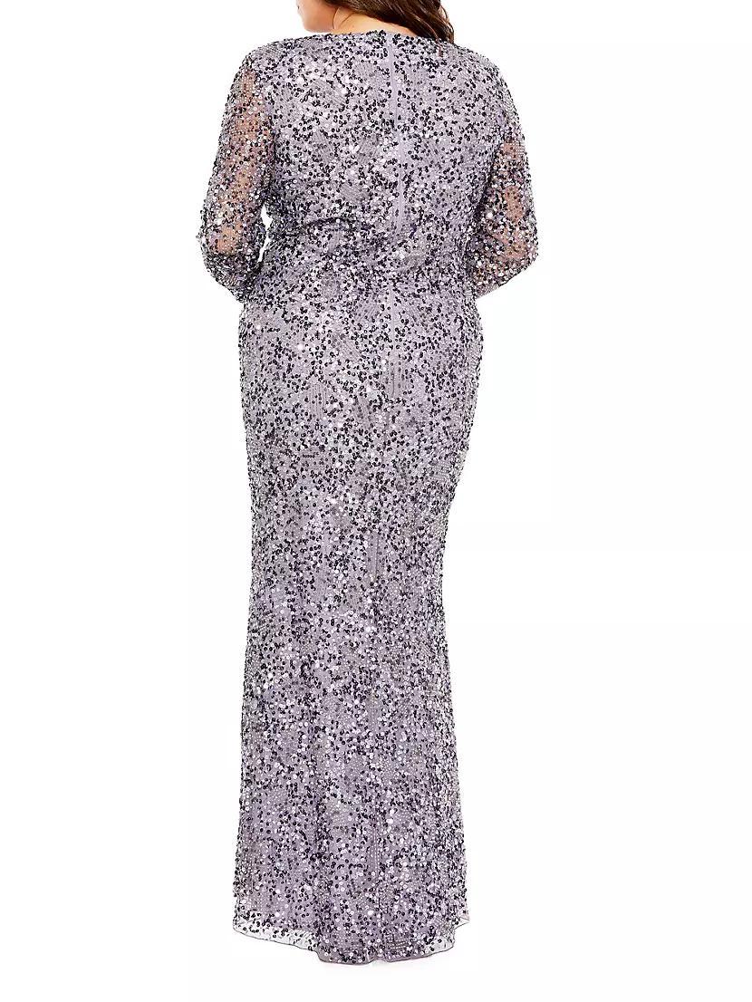 Plus Size V-Neck Sequin Embellished Long-Sleeved Gown Product Image