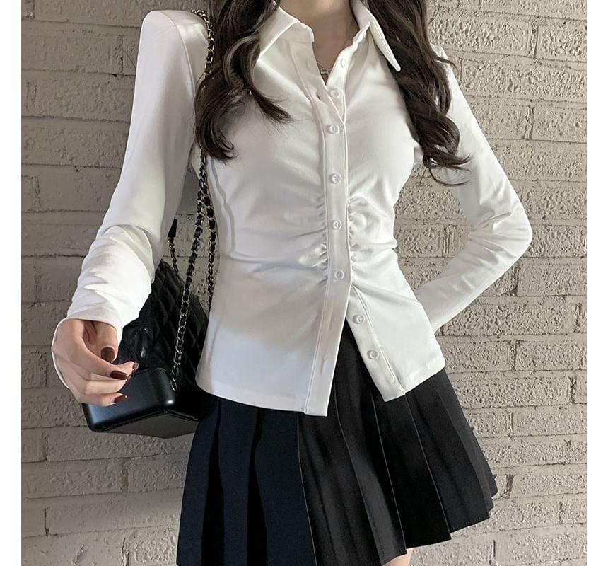 Long-Sleeve Plain Ruched Button-Up Slim Fit Shirt / High Rise Pleated Mini A-Line Skirt Product Image