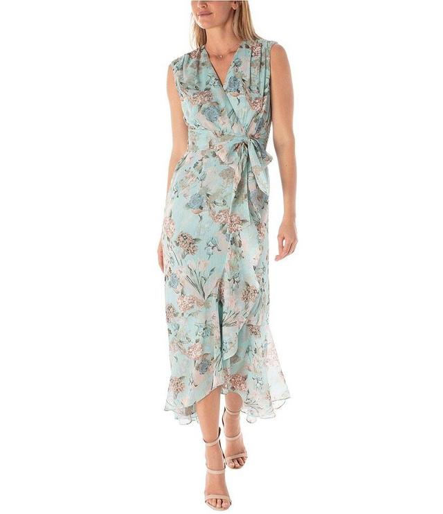 Maison Tara Sleeveless V-Neck Ruffle Hem Tie Waist Floral Chiffon Maxi Dress Product Image