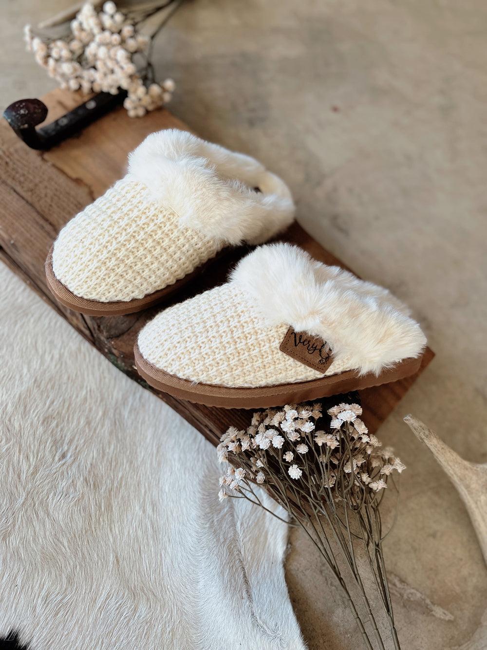 Very G Cream Sweater Knit Fuzzy Slippers Product Image