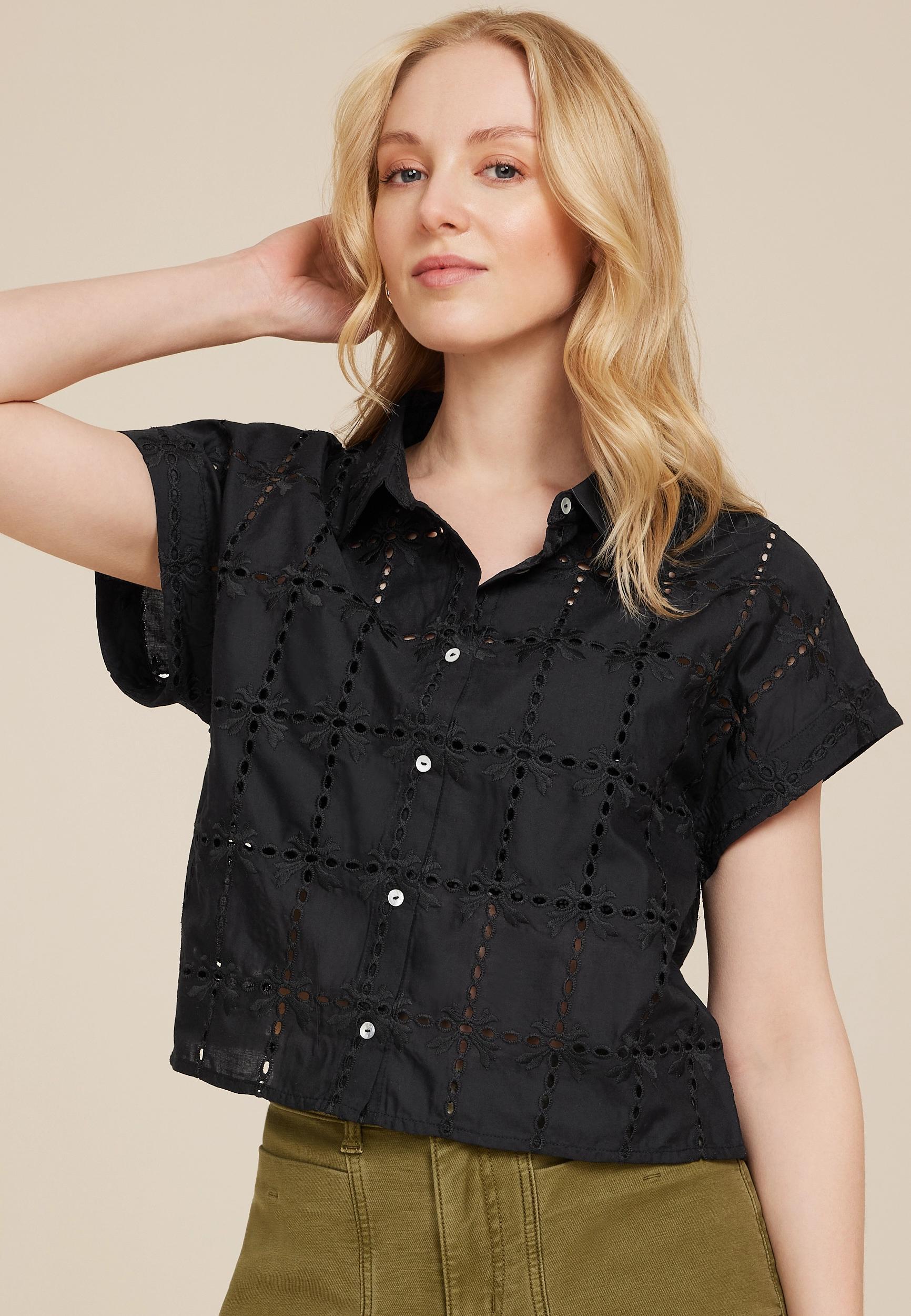 Vigoss® Eyelet Button Down Cropped Shirt Product Image