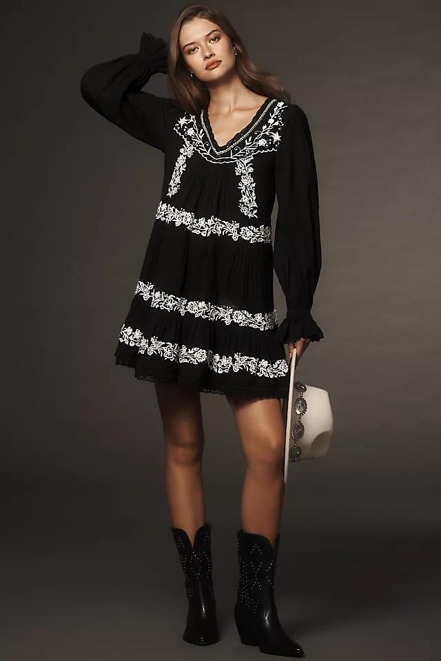 By Anthropologie Long-Sleeve Embroidered Pintuck Swing Mini Dress Product Image