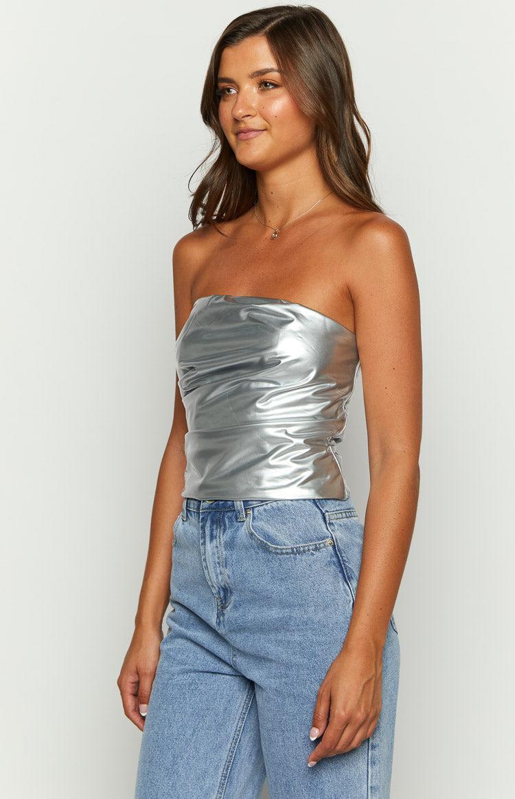 Never There Silver Metallic Strapless Top Product Image