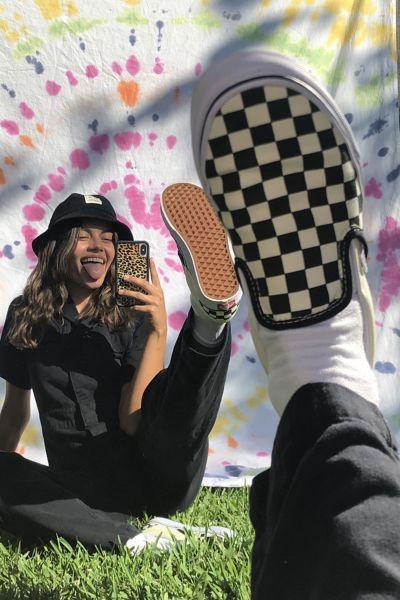 Vans Classic Checkerboard White & Black Slip-On Shoes in White/Black - Product Image