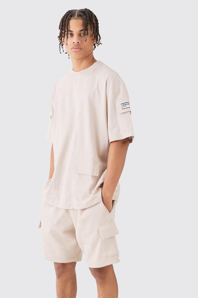 Mens Beige Oversized Cargo T-shirt And Short Set, Beige Product Image