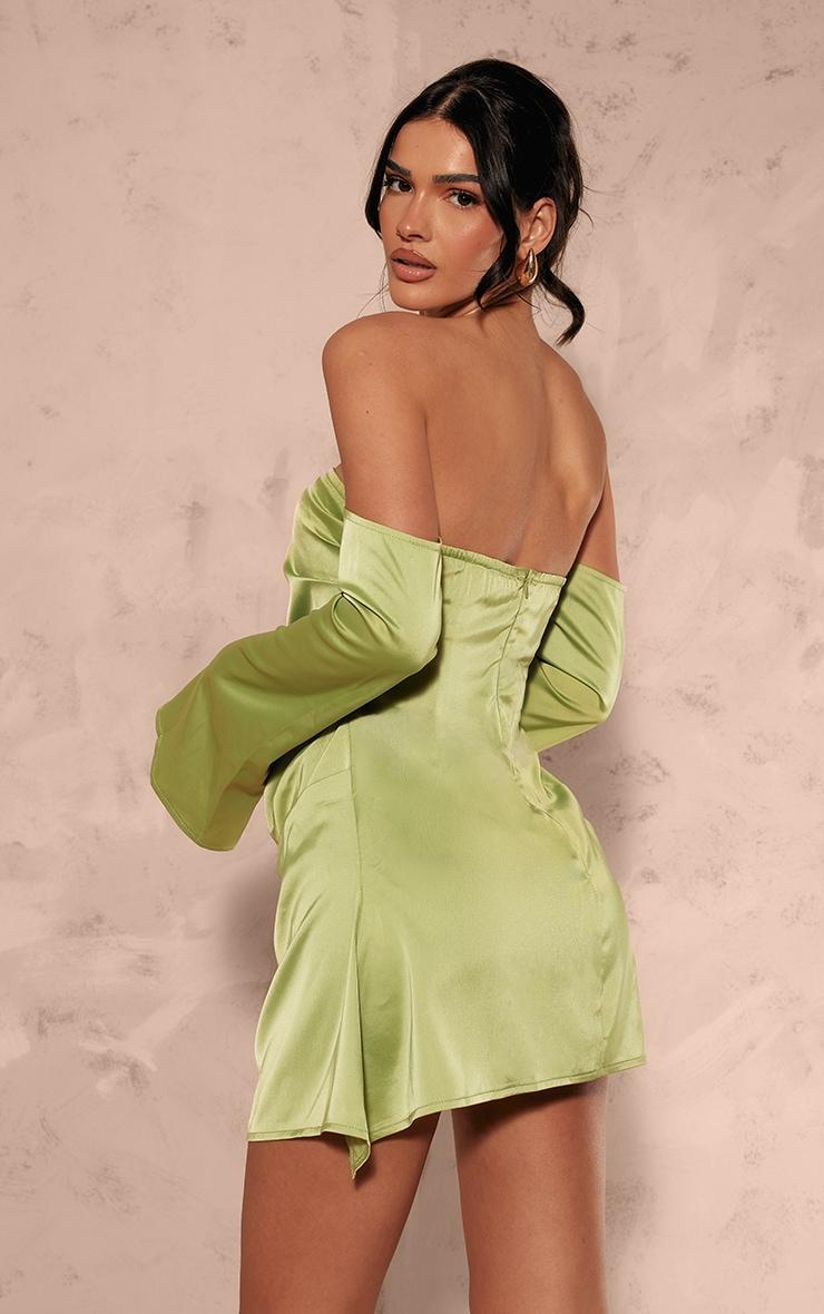 Olive Satin Corset Bardot Ruched Long Sleeve Shift Dress Product Image