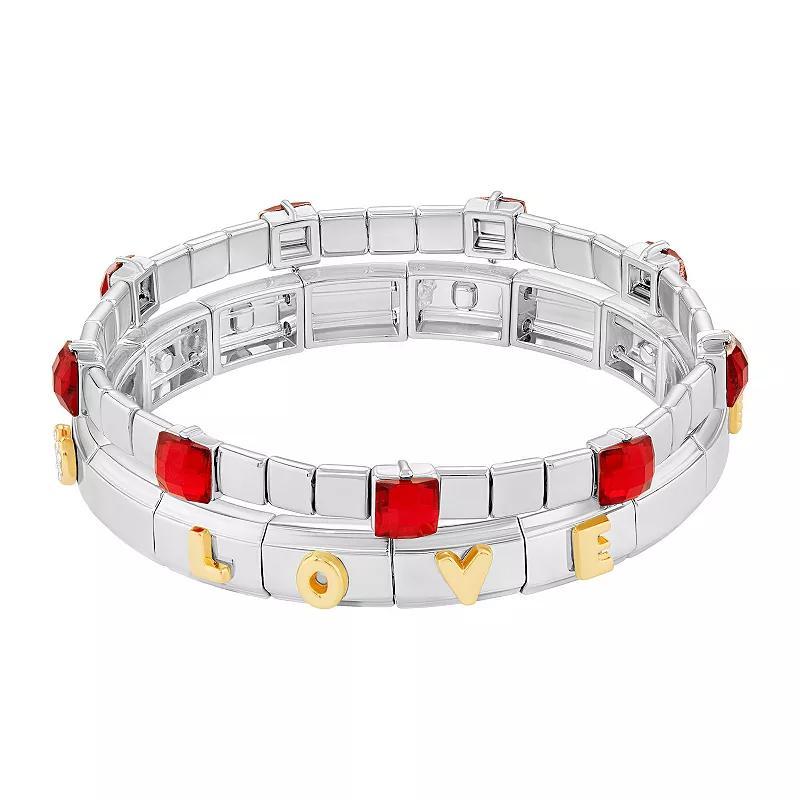 Brilliance Two Tone Red Glass Stone Double Stretch Bracelet Duo Set, Womens, Silver Tone Team Product Image