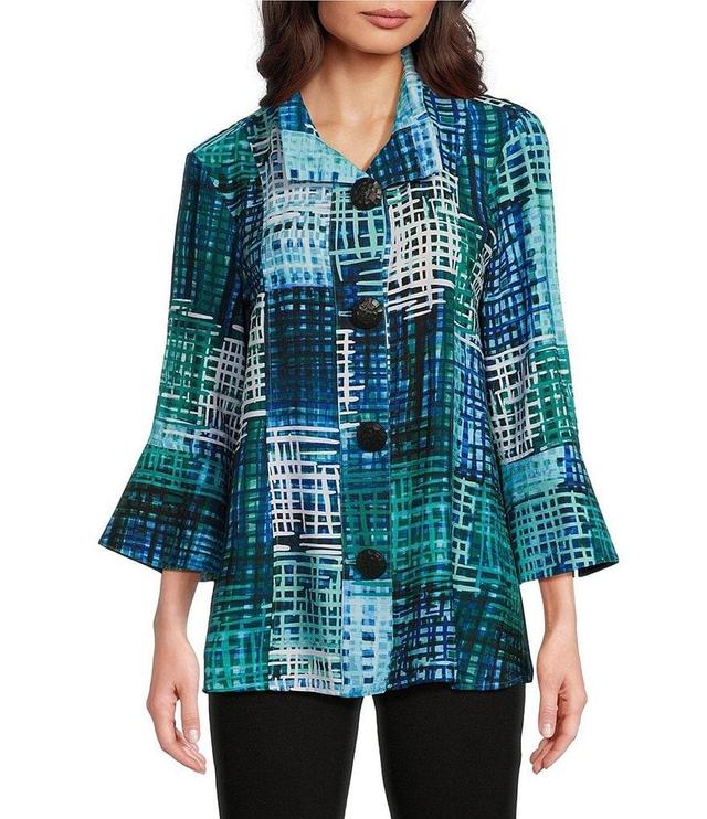 Ali Miles Knit Mesh Print Stand Collar 3/4 Sleeve Button-Front Jacket Product Image