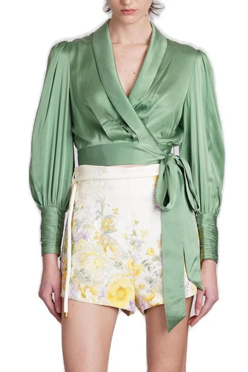 Silk Wraparound Blouse In Green Product Image