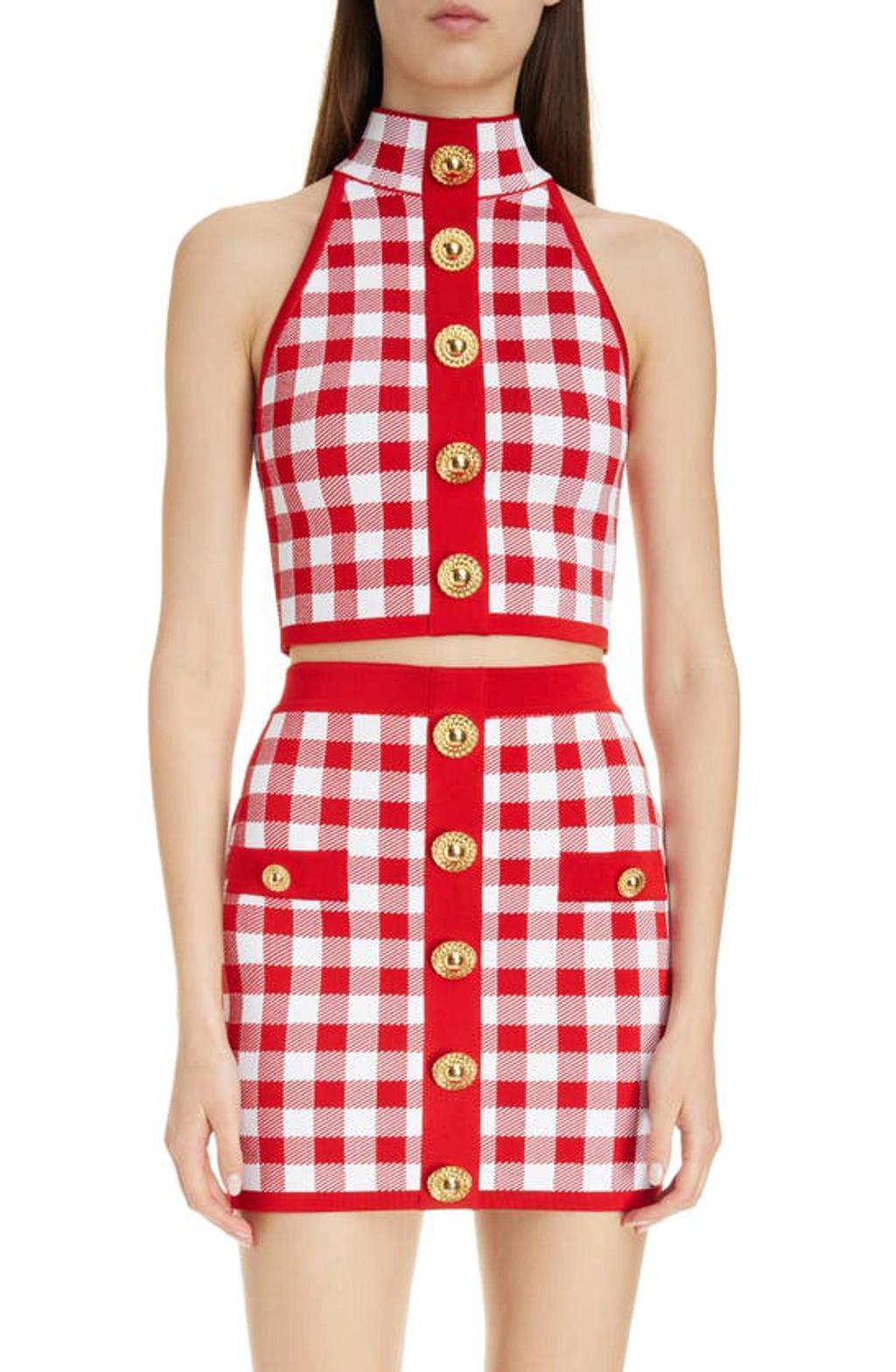 BALMAIN Gingham-check Pattern Zip-up Top In Red/white Product Image