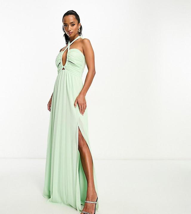 ASOS DESIGN Petite halterneck channel mesh maxi dress in sage green Product Image