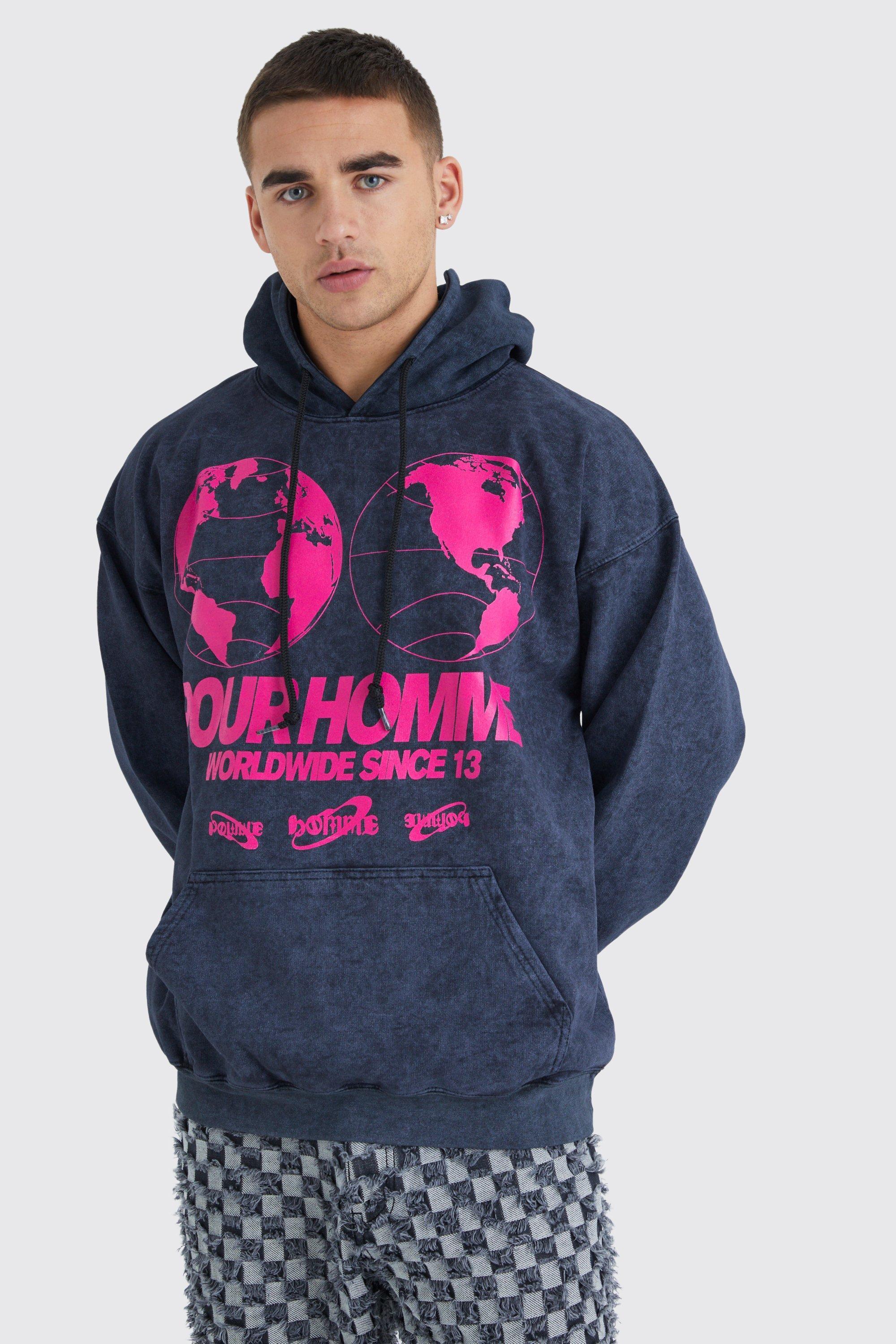 Oversized Pour Homme Wash Graphic Hoodie | boohooMAN USA Product Image