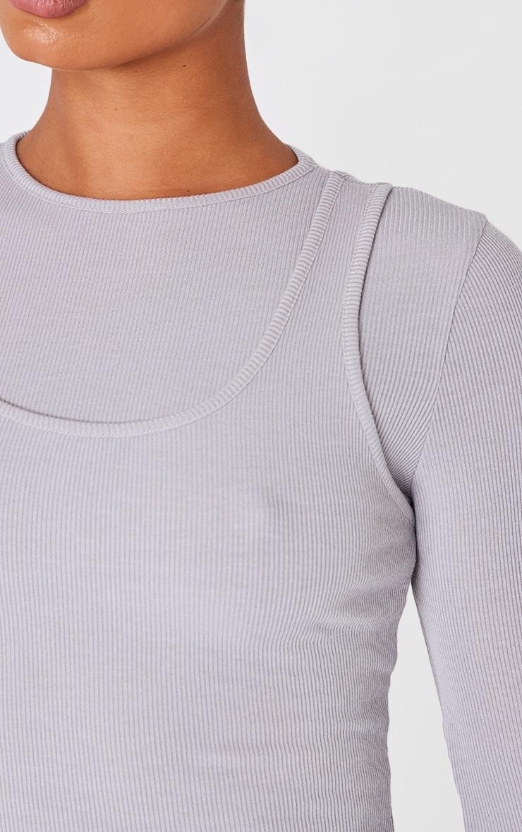 Grey Marl Ribbed Double Layer Detail Long Sleeve Top Product Image