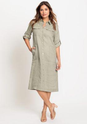 Olsen Womens 100% Linen 3/4 Sleeve Dress with Rolled Sleeve Tab Detail Product Image