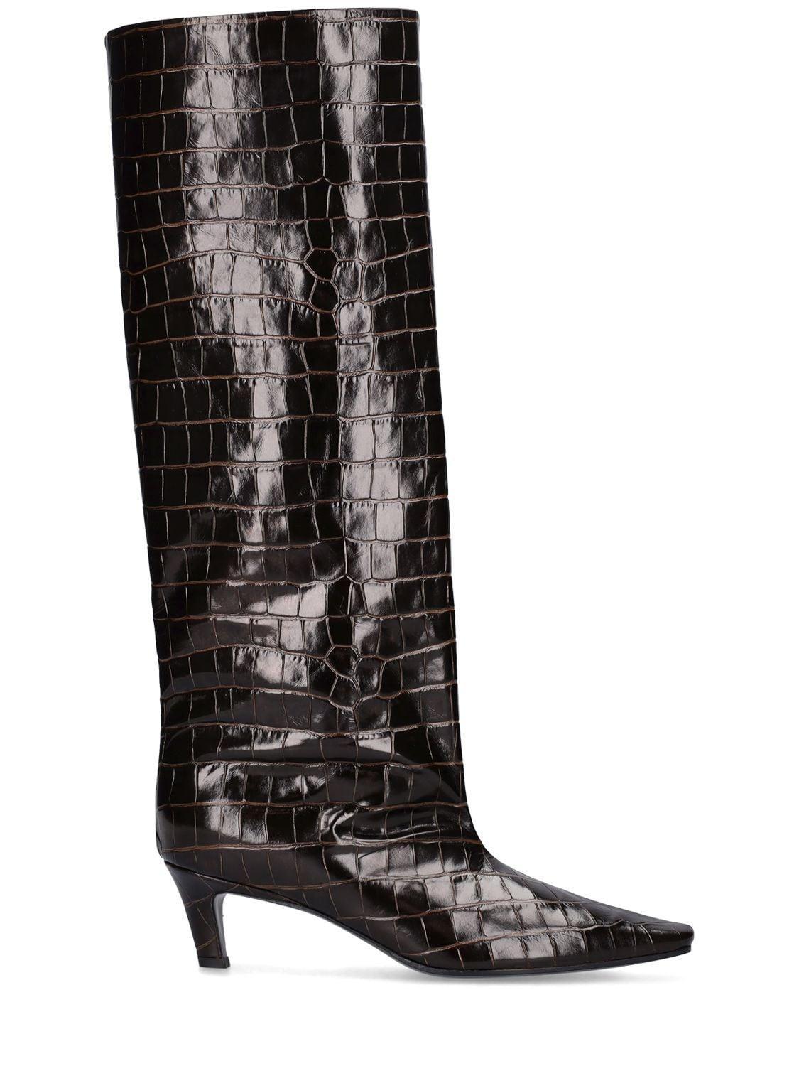 50mm The Wide Shaft Leather Tall Boots In Dark Brown Croco Product Image