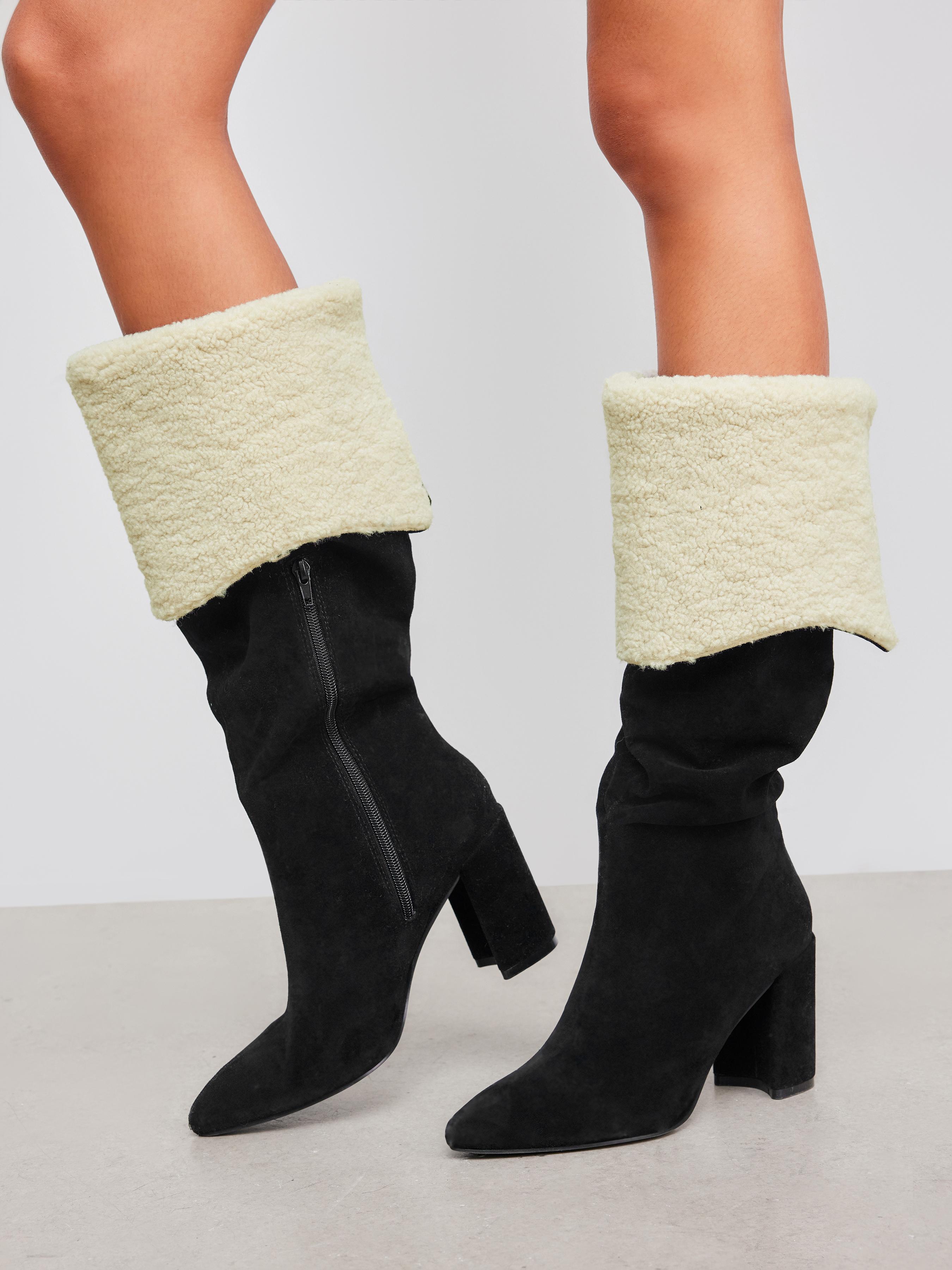 SUEDE & FUZZY CHUNKY HEEL KNEE HIGH BOOTS product image