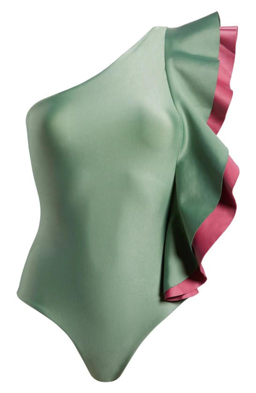 FARM RIO Ruffle One-shoulder One-piece Swimsuit In Green Product Image