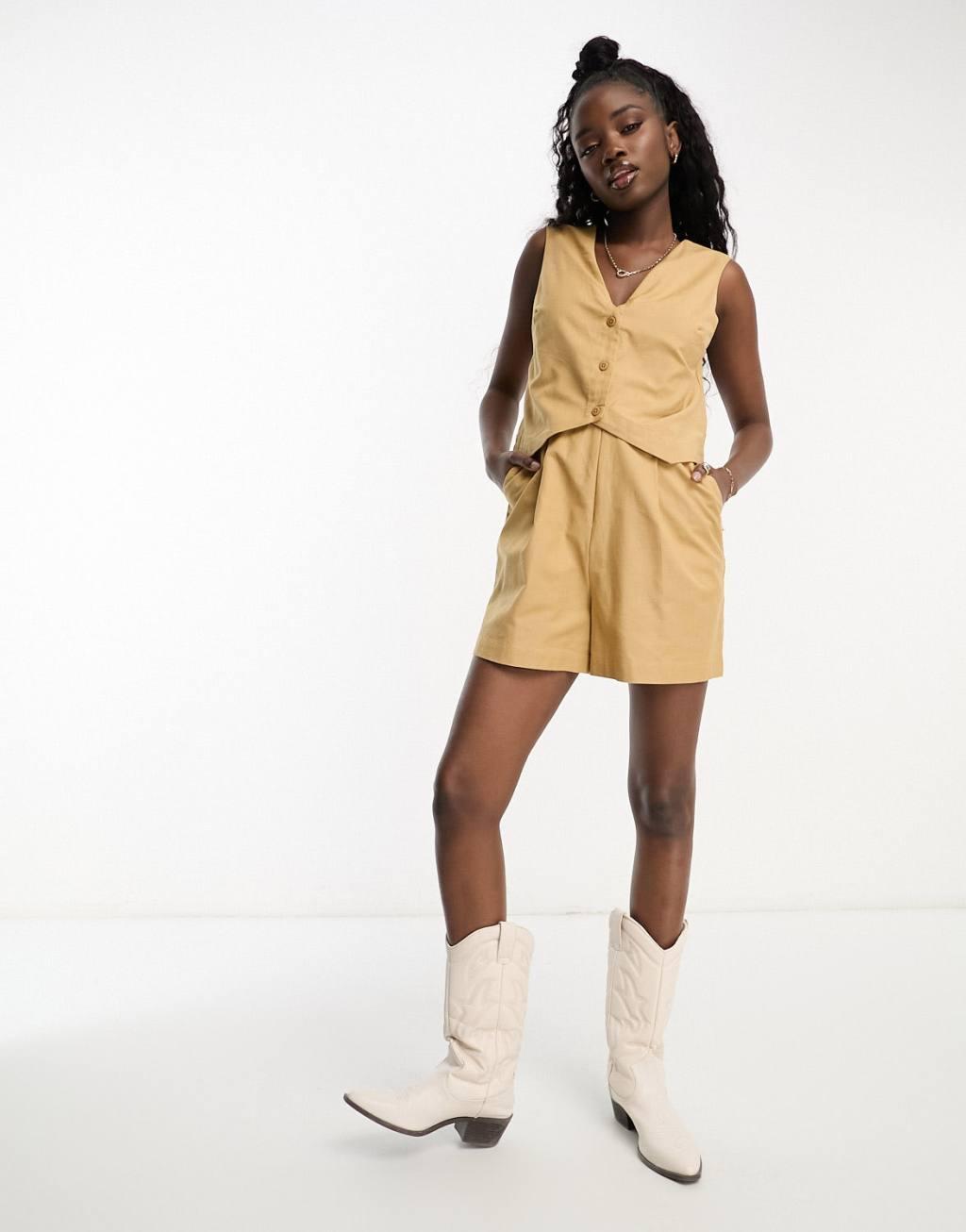 ASOS DESIGN 2 in 1 vest top linen romper in camel Product Image