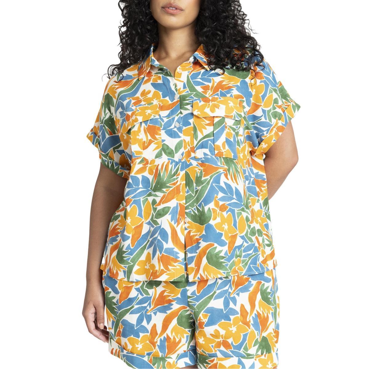 Eloquii Womens Printed Short Sleeve Button Up Product Image