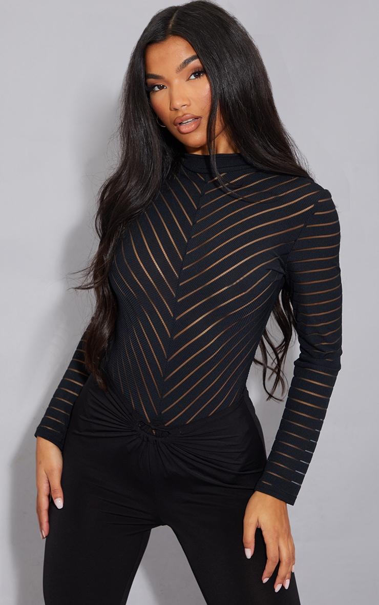 Black Chevron Mesh Long Sleeve Thong Bodysuit Product Image