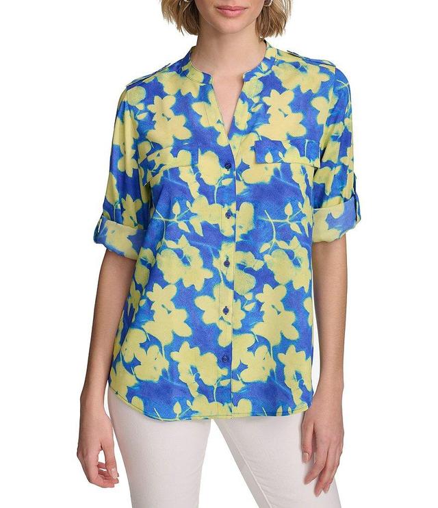 Calvin Klein Floral Print Print Crepe de Chine Y-Neck Long Sleeve Button Front Top Product Image