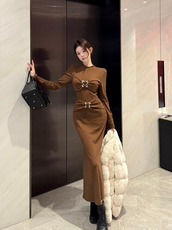 Long-Sleeve Crewneck Knit Maxi Sheath Dress Product Image