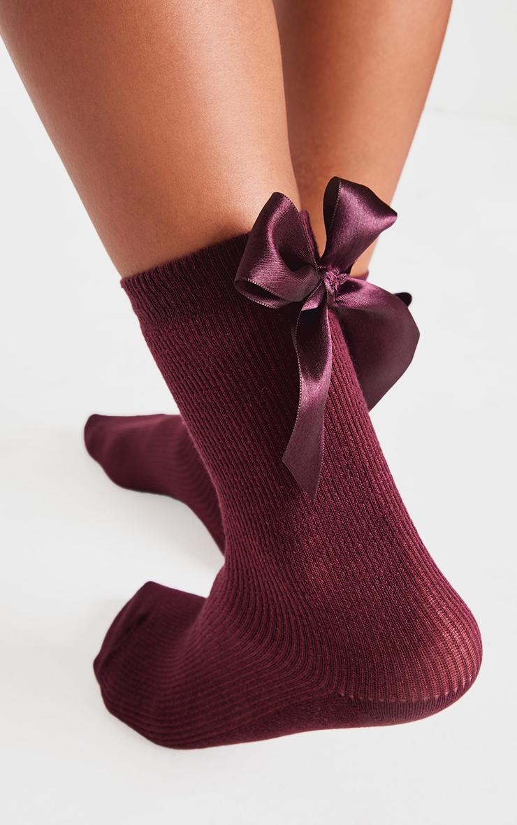 Burgundy Satin Bow Ribbed Ankle Socks Product Image