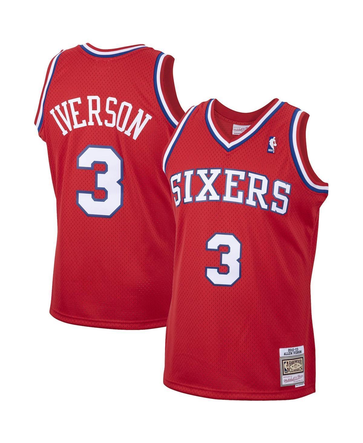 Mens Mitchell & Ness Allen Iverson Red Philadelphia 76ers 2001/02 Hardwood Classics Swingman Jersey Product Image