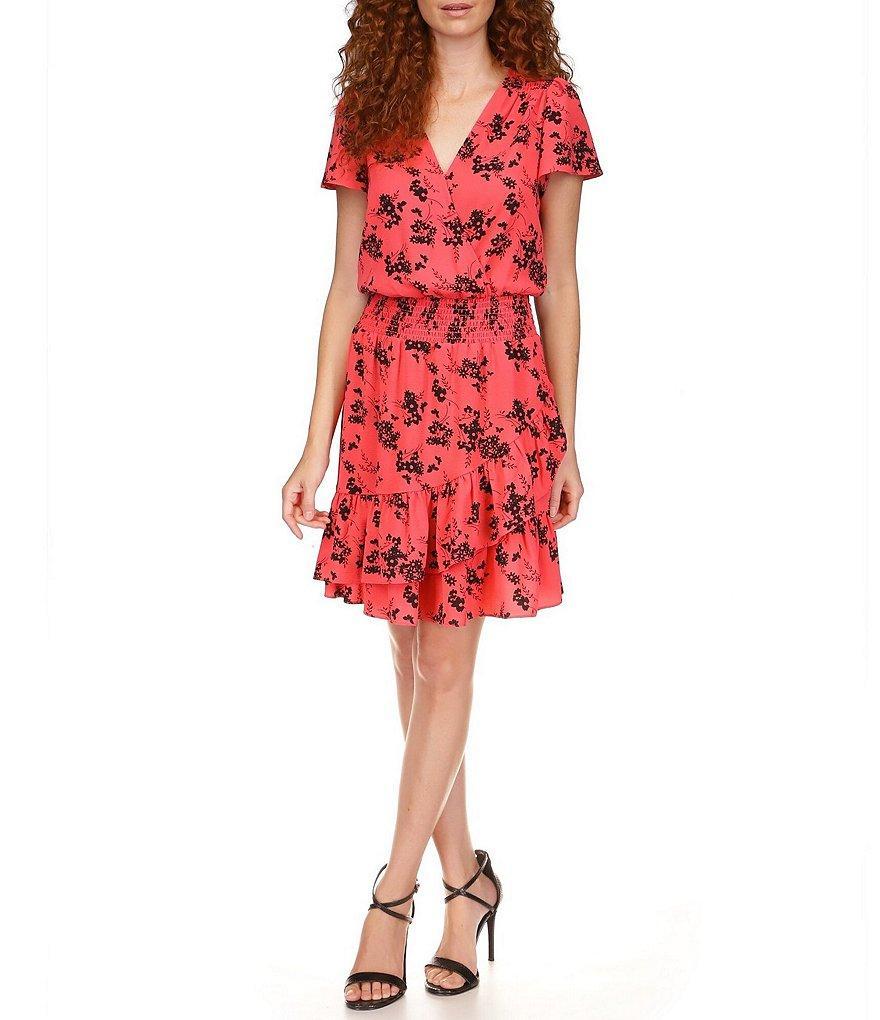 MICHAEL Michael Kors Crepe Botanical Print Surplice V-Neck Blouson Dress Product Image